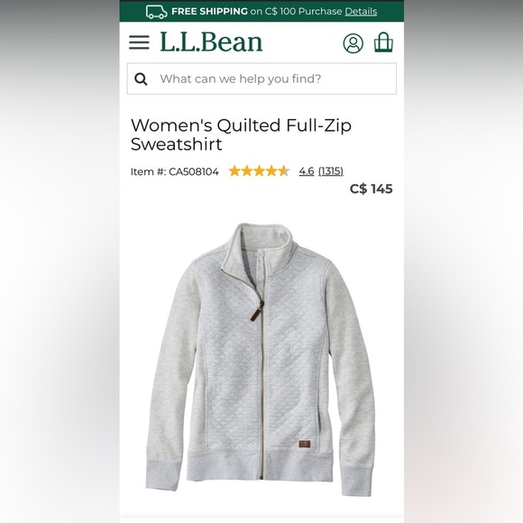 LL Bean Women's Medium Tall Grey Quilted Full-Zip Sweatshirt Hoodie Jacket Coat - Picture 8 of 8